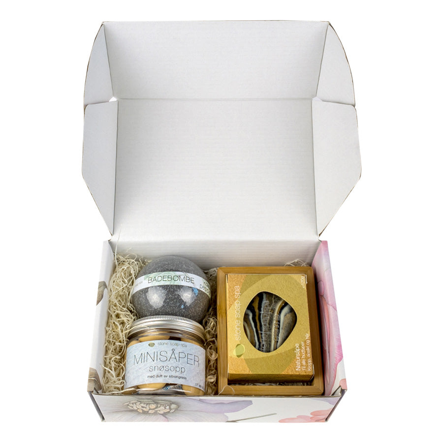 Stone Soap Spa - Gavepakke Såpeskål + Såpe + Minisåpe + Badebombe
